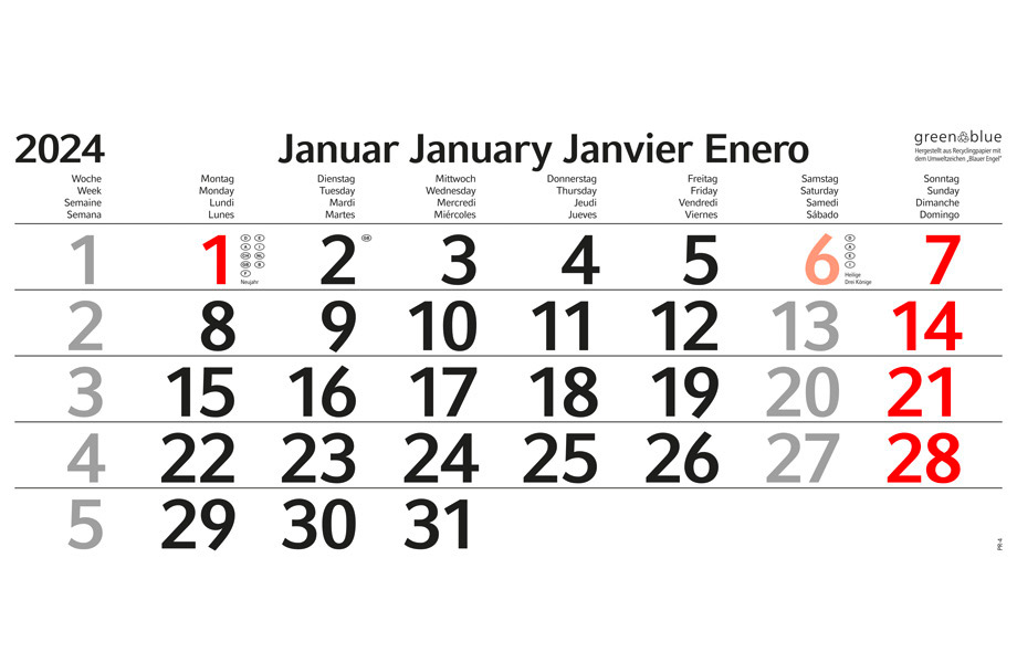 Detailansicht des Kalenderblatts beim 3-Monatskalender (Einblock-Variante)
